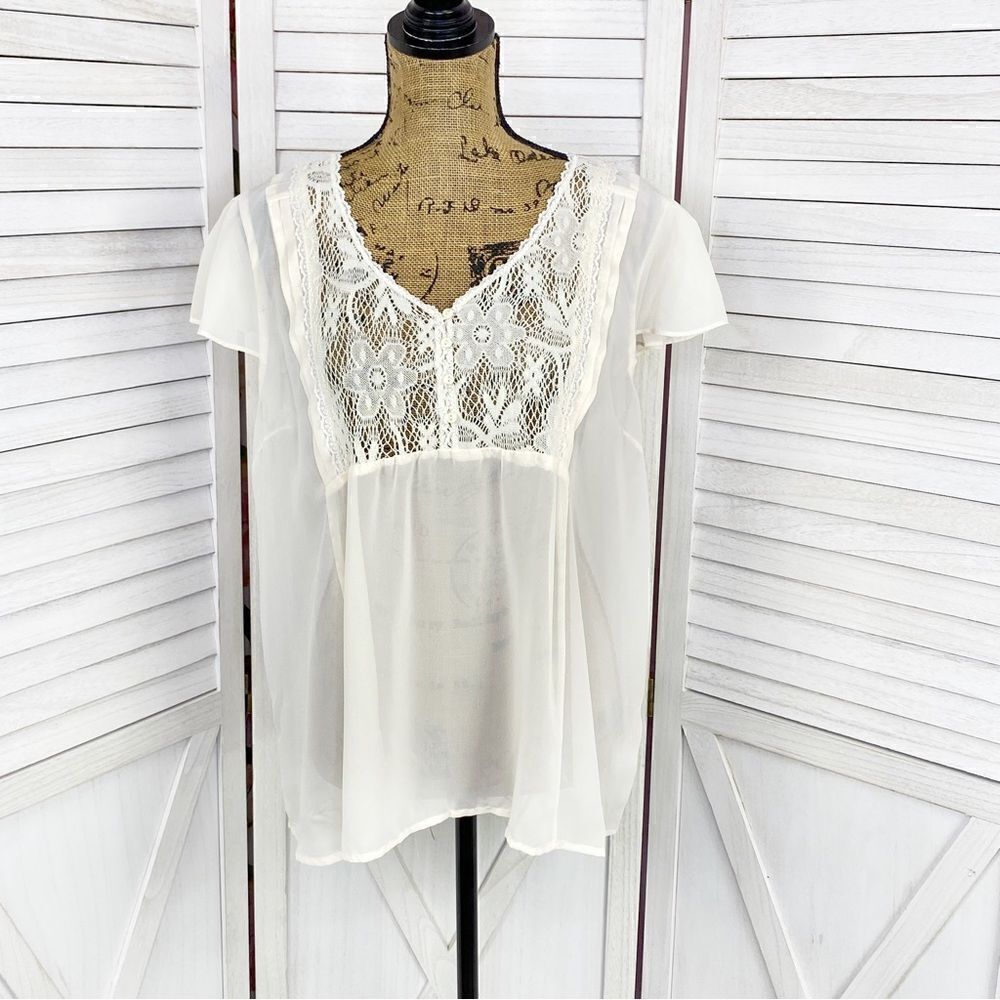 Truce Chiffon Lace Sheer Flutter‎ Sleeve Blouse Cream Large